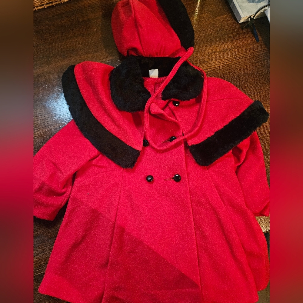 Vintage Girls Red Fur Lined Coat Jacket With Bonnet 2T
